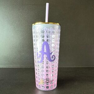 Lilly Pulitzer NWT Tumbler With Straw 24 Ounces Ombre Purple Gold Monogram "A"